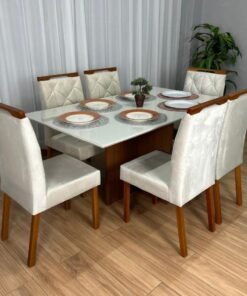 Mesa de Jantar Helo 1.60×0.90 Com 6 Cadeiras Jasmim - Mel/Off White/Bege Veludo
