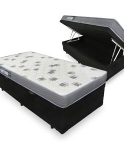Colchão Solteiro Light D33 + Base Box Baú Corino Preto – ORTOBOM + BIOSTAR