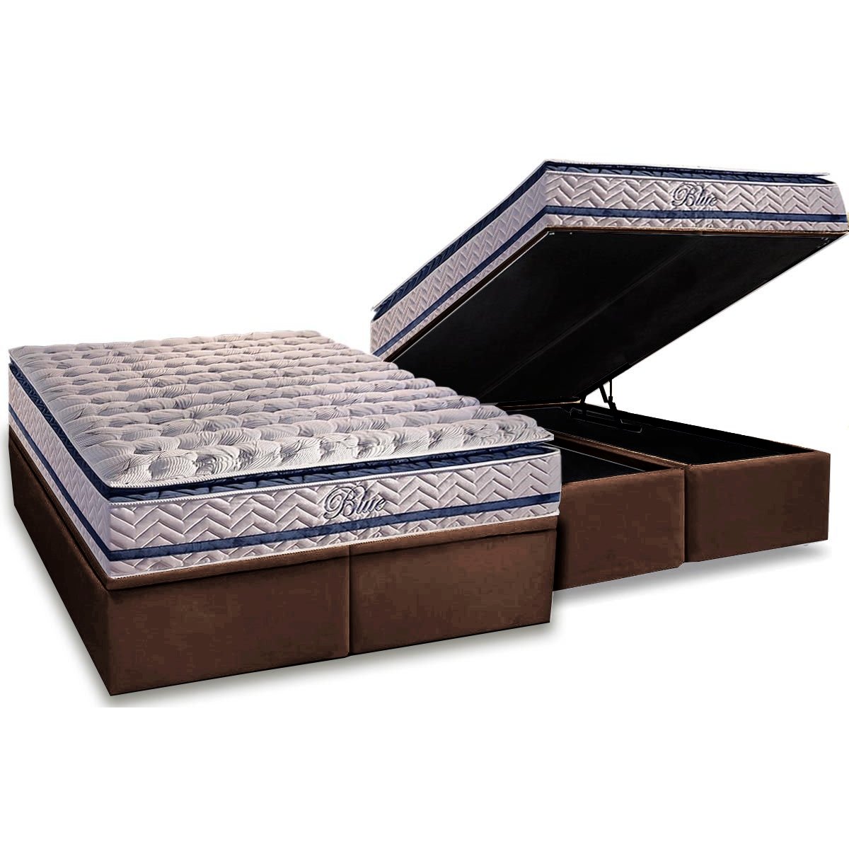 Colchão Queen Blue D33 + Base Box Baú Corino Marrom – PAROPAS + ALTO NÍVEL CAMAS E COLCHÕES