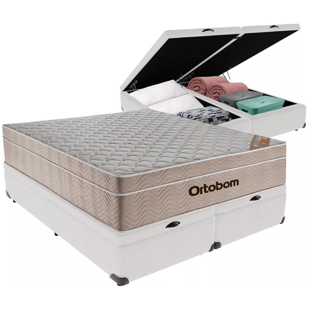 Colchão Queen Airtech Springpocket + Base Box Baú Branco – ORTOBOM + BIOSTAR