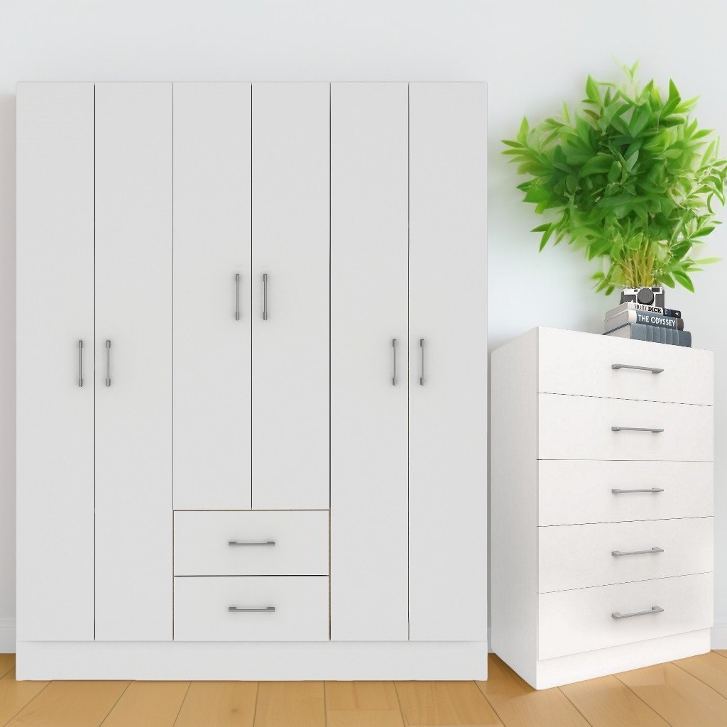 Guarda-roupa 6 Portas Jamaica 6002 + CÔmoda 5 Gavetas Aruba Branco – Fellicci
