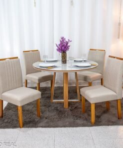 Mesa de Jantar Atlanta Redonda 120cm Vidro Off/Base Madeira + 4 Cad. Atlanta Linho Bege Cru Madeira Minas Plac - Entregue Montada