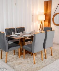 Mesa de Jantar Dubai Tampo Londres Cinamomo 160x80 6 Cadeiras Genova Veludo Cinza 507 Madeira Maciça