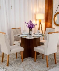 Mesa de Jantar Helo 90×90 Tampo MDF Vidro Off 4 Cad. Genova Veludo Bege 512 Madeira Maciça - Entregue Montada