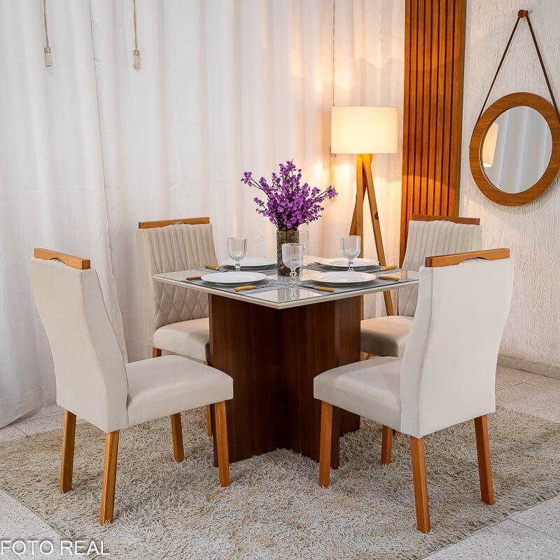 Mesa de Jantar Helo 90×90 Tampo MDF Vidro Off 4 Cad. Genova Veludo Bege 512 Madeira Maciça - Entregue Montada