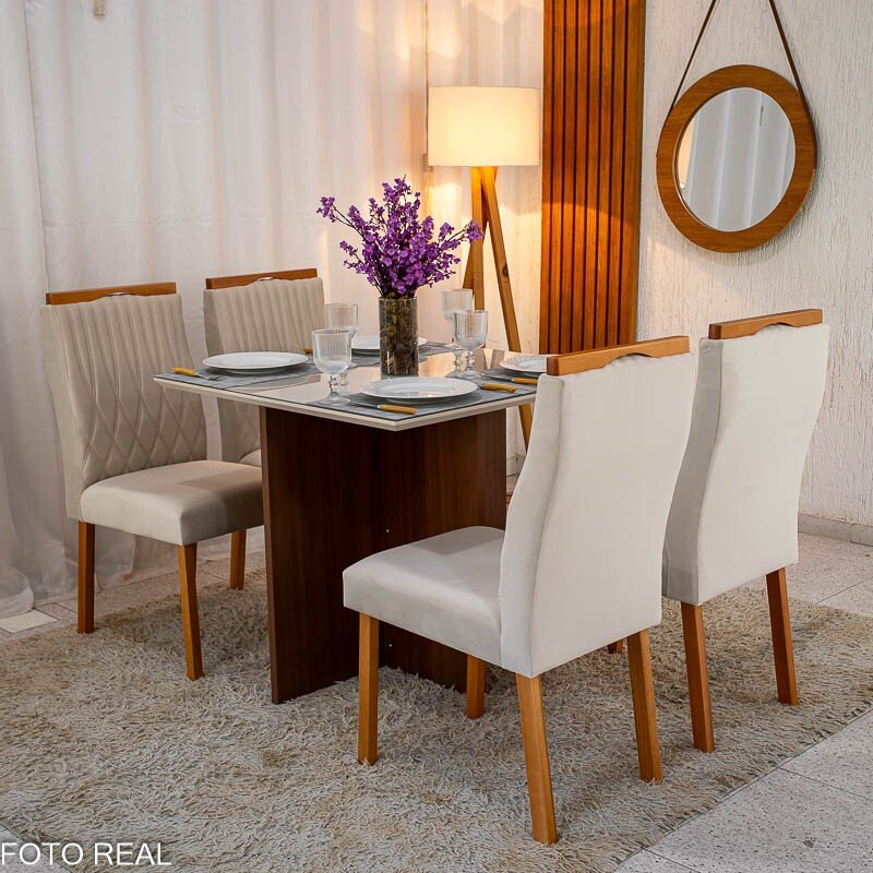 Mesa de Jantar Helo 90×90 Tampo MDF Vidro Off 4 Cad. Genova Veludo Bege 512 Madeira Maciça - Entregue Montada - Imagem 2