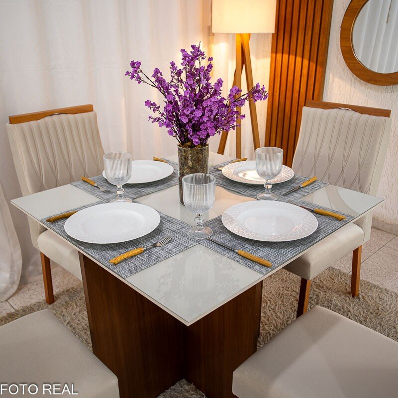 Mesa de Jantar Helo 90×90 Tampo MDF Vidro Off 4 Cad. Genova Veludo Bege 512 Madeira Maciça - Entregue Montada - Imagem 3