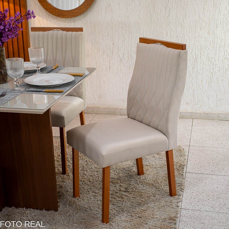 Mesa de Jantar Helo 90×90 Tampo MDF Vidro Off 4 Cad. Genova Veludo Bege 512 Madeira Maciça - Entregue Montada - Imagem 4