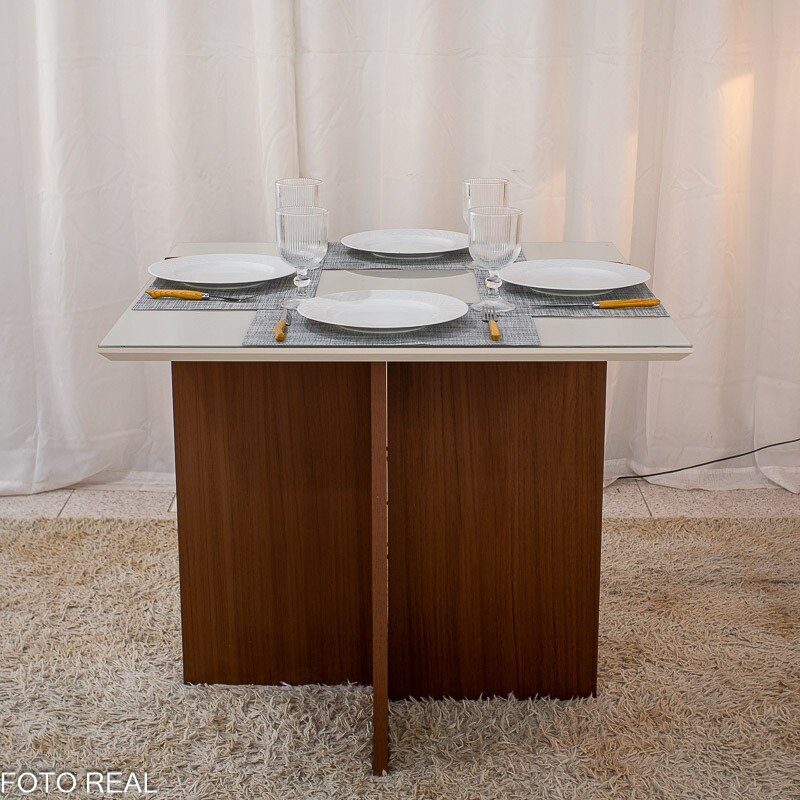 Mesa de Jantar Helo 90×90 Tampo MDF Vidro Off 4 Cad. Genova Veludo Bege 512 Madeira Maciça - Entregue Montada - Imagem 6
