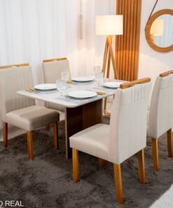 Mesa de Jantar Moscou 120x80 Cinamomo/Vidro Off + 4 Cad. Atlanta Linho Bege Cru Madeira Maciça Minas Plac - Entregue Montada