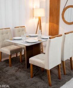 Mesa de Jantar Moscou 120x80 Cinamomo/Vidro Off + 4 Cad. Londres Veludo Avelã Madeira Maciça Minas Plac - Entregue Montada