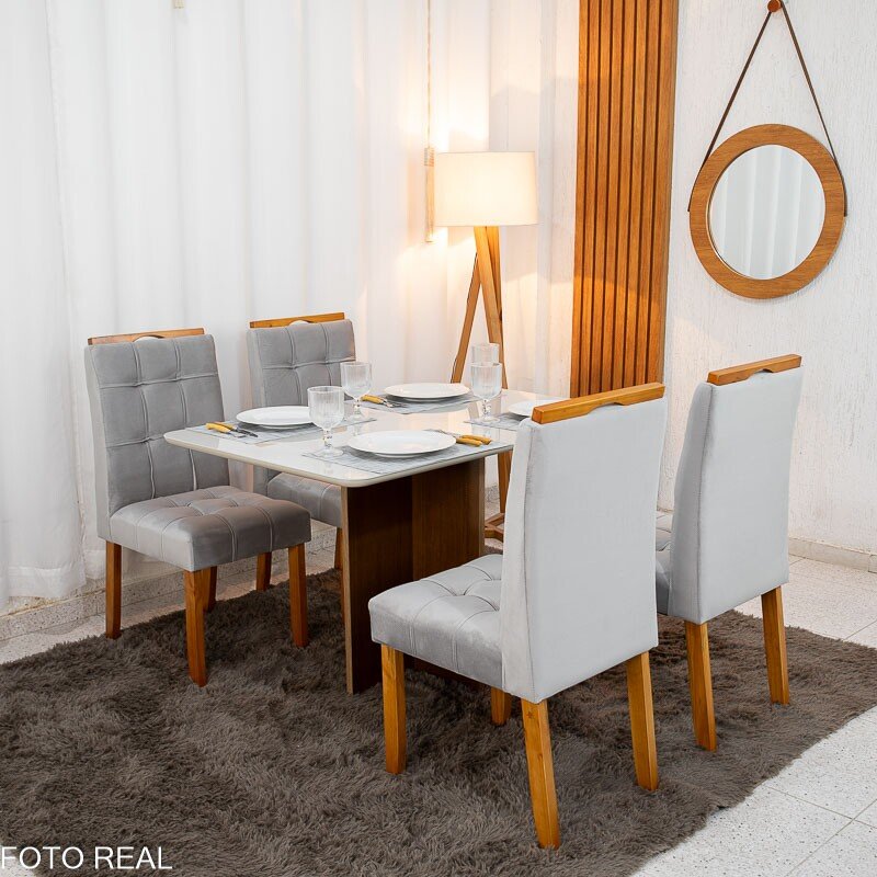 Mesa de Jantar Moscou 120x80 Vidro Off/Base Cinamomo + 4 Cad. Londres Veludo Prata Madeira Minas Plac - Entregue Montada - Imagem 3