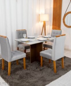 Mesa de Jantar Moscou 120x80 Vidro Off/Base Cinamomo + 4 Cad. Londres Veludo Prata Madeira Minas Plac - Entregue Montada