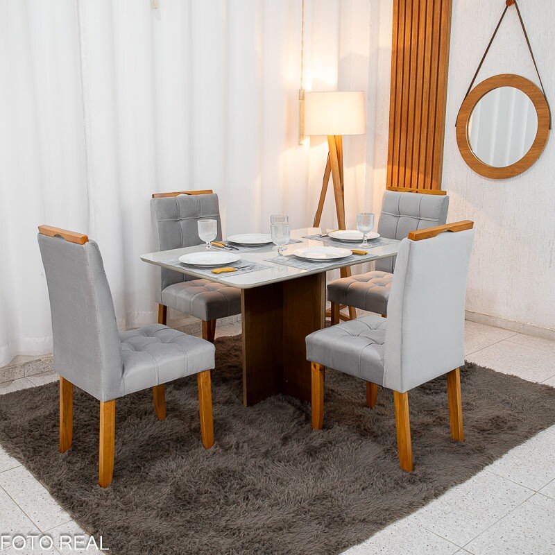 Mesa de Jantar Moscou 120x80 Vidro Off/Base Cinamomo + 4 Cad. Londres Veludo Prata Madeira Minas Plac - Entregue Montada