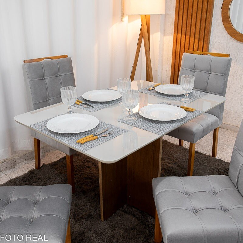 Mesa de Jantar Moscou 120x80 Vidro Off/Base Cinamomo + 4 Cad. Londres Veludo Prata Madeira Minas Plac - Entregue Montada - Imagem 2