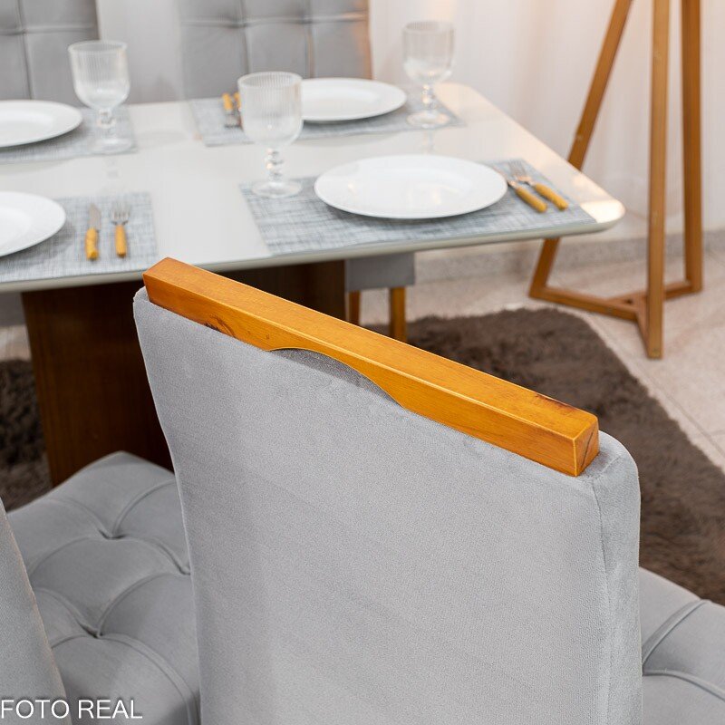 Mesa de Jantar Moscou 120x80 Vidro Off/Base Cinamomo + 4 Cad. Londres Veludo Prata Madeira Minas Plac - Entregue Montada - Imagem 4
