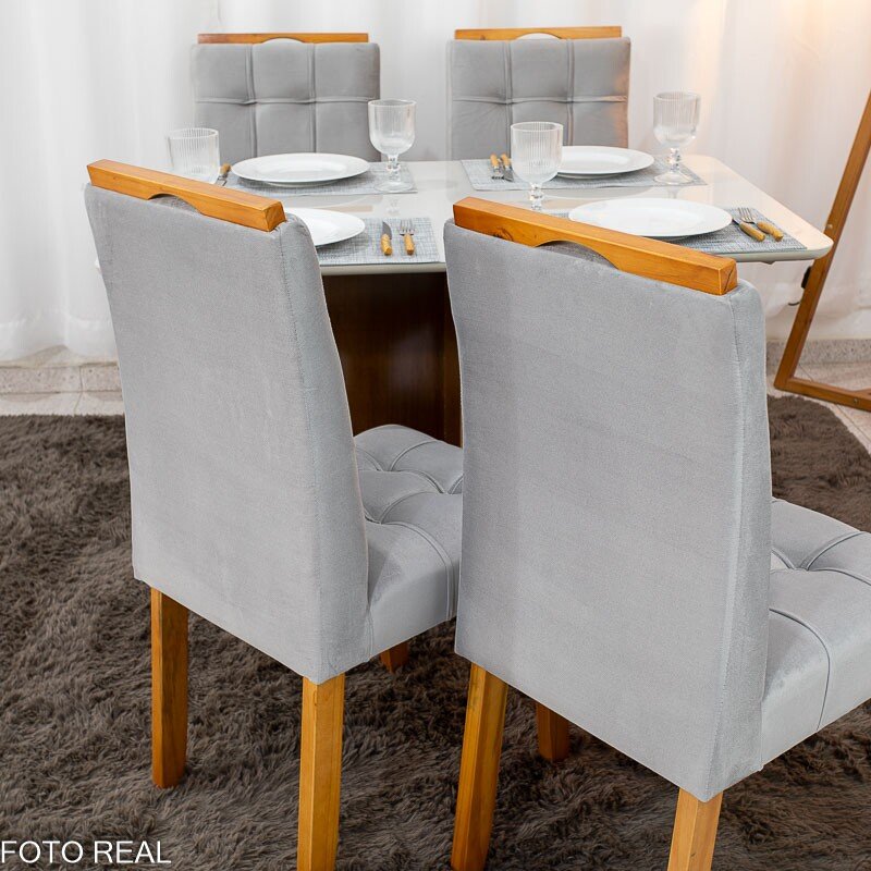 Mesa de Jantar Moscou 120x80 Vidro Off/Base Cinamomo + 4 Cad. Londres Veludo Prata Madeira Minas Plac - Entregue Montada - Imagem 5
