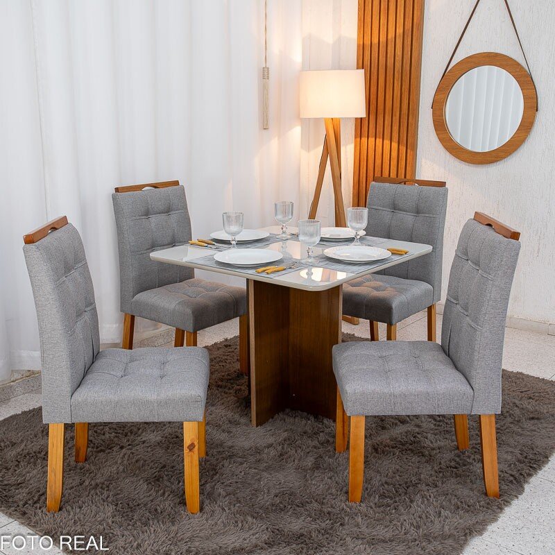 Mesa de Jantar Moscou 90x90 Vidro Off/Base Cinamomo + 4 Cad. Londres Linho Cinza Madeira Minas Plac - Entregue Montada