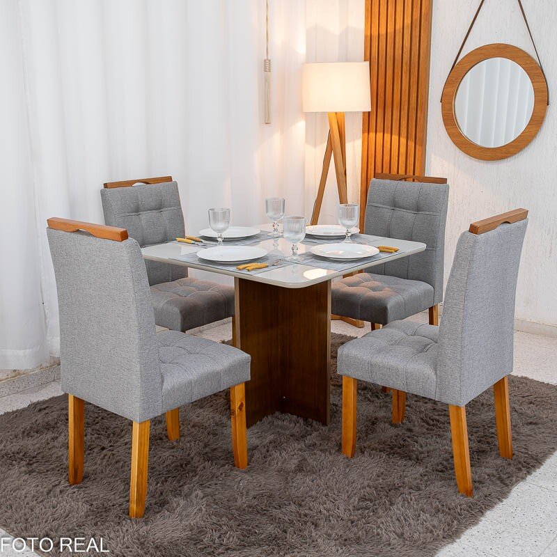 Mesa de Jantar Moscou 90x90 Vidro Off/Base Cinamomo + 4 Cad. Londres Linho Cinza Madeira Minas Plac - Entregue Montada - Imagem 3