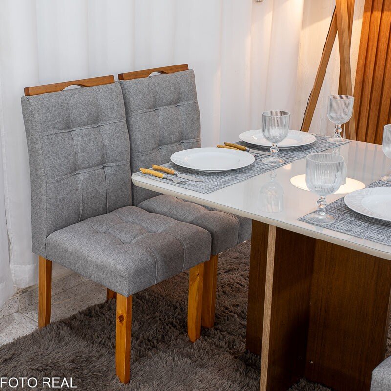 Mesa de Jantar Moscou 90x90 Vidro Off/Base Cinamomo + 4 Cad. Londres Linho Cinza Madeira Minas Plac - Entregue Montada - Imagem 5