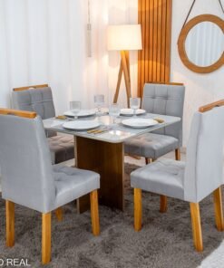 Mesa de Jantar Moscou 90x90 Vidro Off/Base Cinamomo + 4 Cad. Londres Veludo Prata Madeira Minas Plac - Entregue Montada