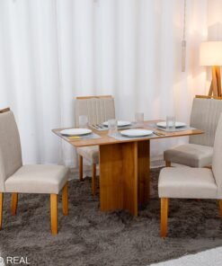 Mesa de Jantar Salina 120x80 Londres Cinamomo Cel + 4 Cad. Atlanta Linho Bege Cru Madeira Minas Plac - Entregue Montada