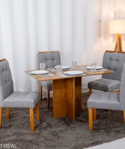 Mesa de Jantar Salina 120x80 Londres Cinamomo Cel + 4 Cad. Londres Linho Cinza Madeira Minas Plac - Entregue Montada