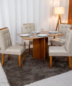 Mesa de Jantar Salina 120x80 Londres Cinamomo Cel + 4 Cad. Londres Veludo Avelã Madeira Minas Plac - Entregue Montada