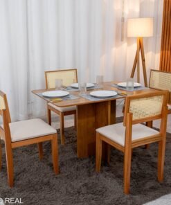 Mesa de Jantar Salina 120x80 Tampo Londres Cinamomo Cel Móveis + 4 Cad. Santorini Linho Bege Madeira - Minas Plac