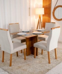 Mesa de Jantar Salina 120x80 Tampo Londres Cinamomo 4 Cadeiras Lisboa Bege 512 Madeira Maciça Art Assento
