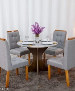 Mesa de Jantar Siena Redonda 100cm Vidro Off/Base Cinamomo + 4 Cad. Londres Linho Cinza Madeira Minas Plac - Entregue Montada