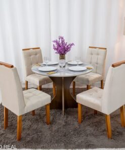 Mesa de Jantar Siena Redonda 100cm Vidro Off/Base Cinamomo + 4 Cad. Londres Veludo Avelã Madeira Minas Plac - Entregue Montada