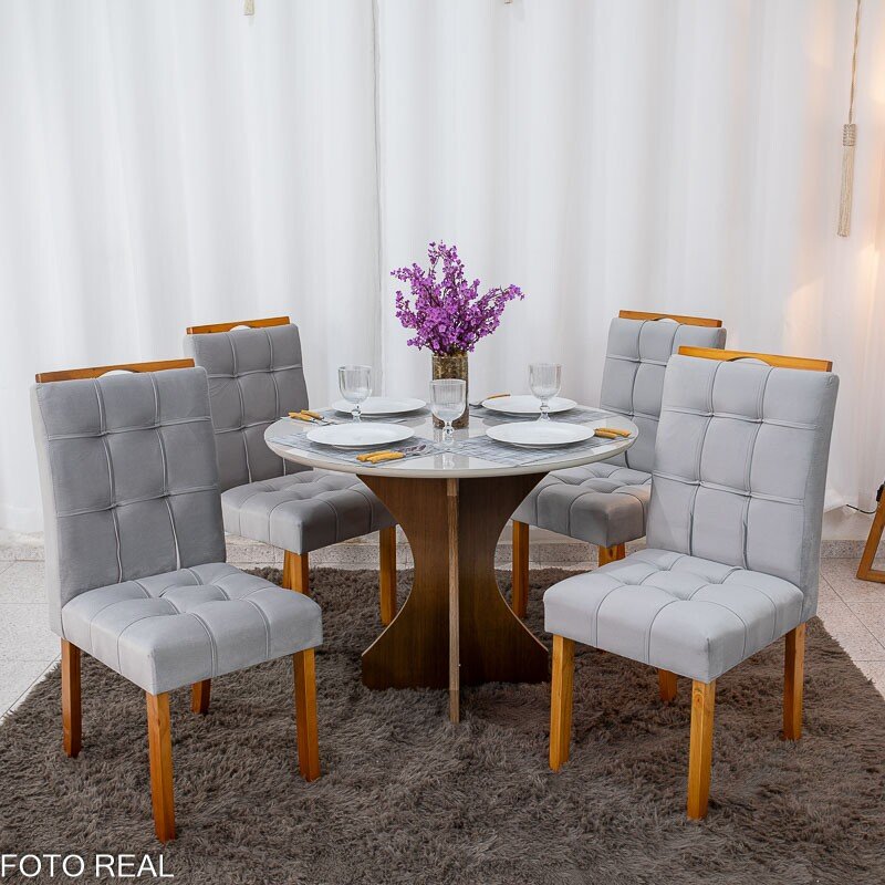 Mesa de Jantar Siena Redonda 100cm Vidro Off/Base Cinamomo + 4 Cad. Londres Veludo Prata Madeira Minas Plac - Entregue Montada - Imagem 3