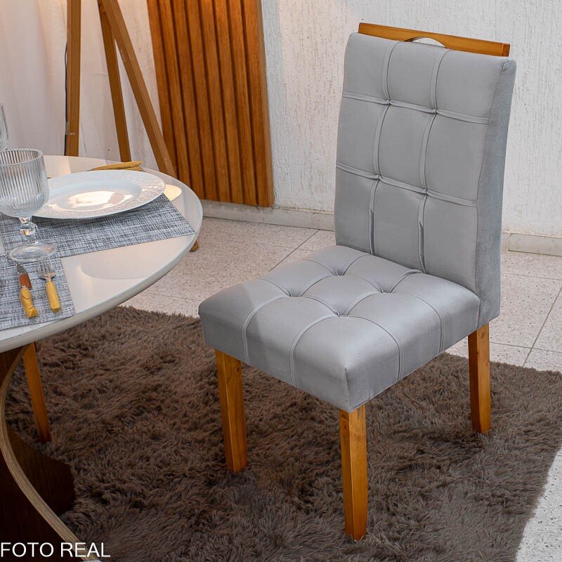 Mesa de Jantar Siena Redonda 100cm Vidro Off/Base Cinamomo + 4 Cad. Londres Veludo Prata Madeira Minas Plac - Entregue Montada - Imagem 5