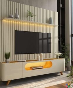 Rack Nobre Larg. 2.10m Off/Naturale + Painel Nobre Larg. 2.30m Off Ripado C/ Led 100% MDF para TV até 85" - Gelius