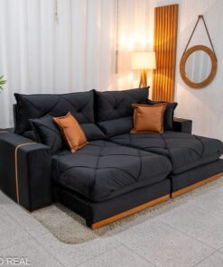 Sofá Retrátil Reclinável Gran Bello 2.30m Veludo Preto 21 - Molas Ensacadas Pocket