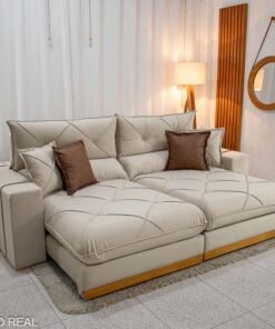 Sofá Retrátil Reclinável Gran Bello 2.90m Veludo Bege 01 - Molas Ensacadas