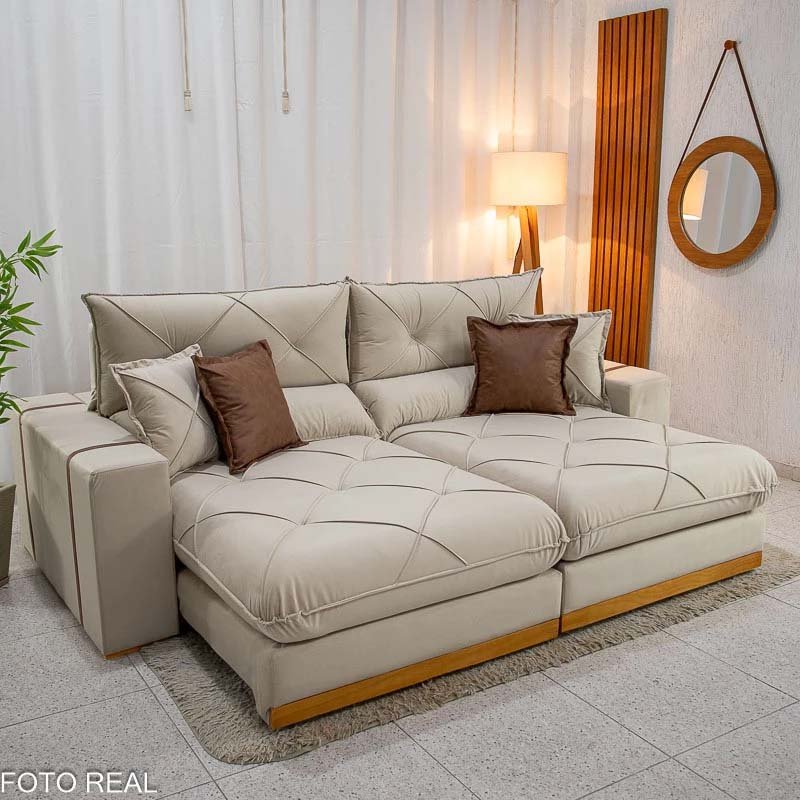 Sofá Retrátil Reclinável Gran Bello 2.90m Veludo Bege 01 - Molas Ensacadas