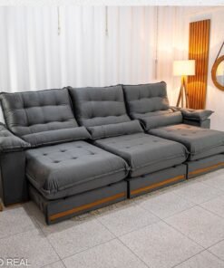 Sofá Retrátil Reclinável Istambul 3.20m Veludo Cinza 403 - Espuma D33