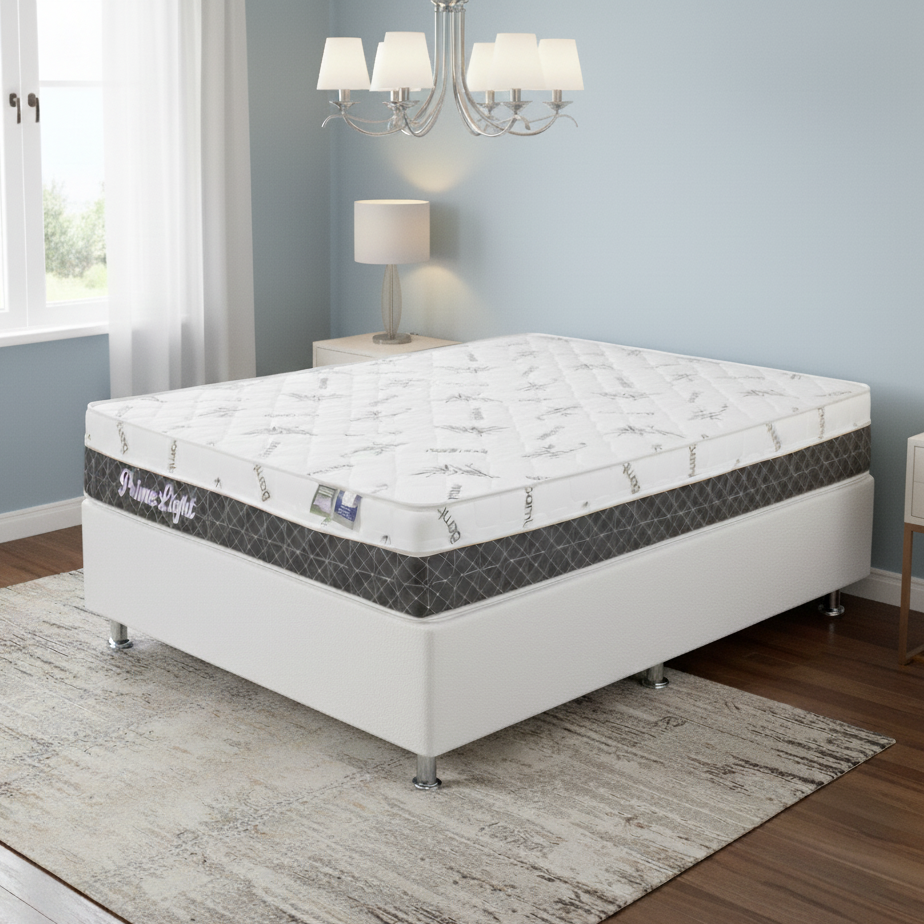 Colchão Casal Prime Light 30 cm D28 + Base Box Simples Corino Branco – ORTHOPRIME + BIOSTAR
