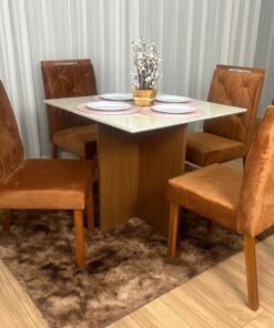 Mesa de Jantar Helo 1.20x0.90 Com 4 Cadeiras Londres - Mel/Off White/Capuccino