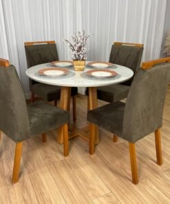 Mesa de Jantar Bali Circular 1.10x1.10 c/4 Cadeiras Isa  - Cinamomo/Off White/Marrom Veludo
