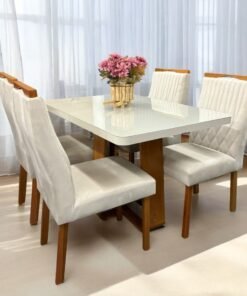 Mesa Sintonia (Tampo Maxi) 120 Amêndoa Clean/Off White com 4 Cadeiras Gênova Veludo Marfim – LOPAS + ART ASSENTOS