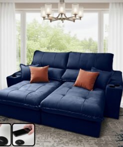 Sofá Retrátil e Reclinável Afrodite Slim 2,90 m Veludo Azul 104 – ZARAT ESTOFADOS
