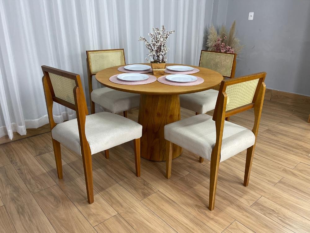 Mesa de Jantar Paris Circular 1.10x1.10 c/4 Cadeiras Grécia - Cinamomo Laminado/Bege Linho