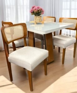 Mesa Sintonia (Tampo Maxi) 120 Amêndoa Clean/Off White com 4 Cadeiras Alasca Linho Bege – LOPAS + HR MOVELARIA