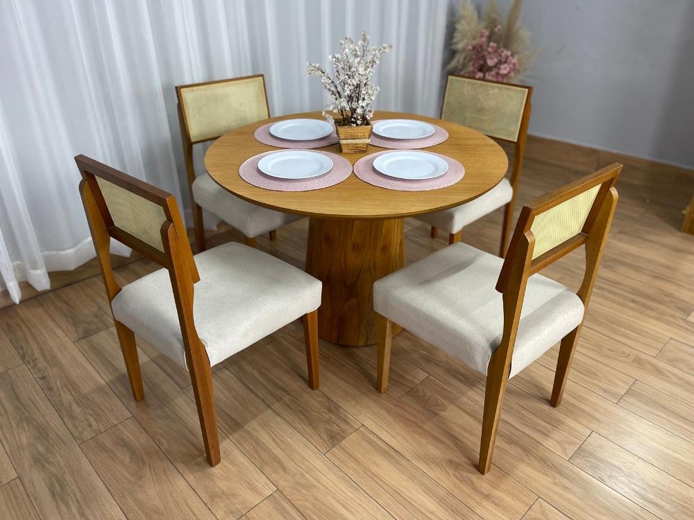Mesa de Jantar Paris Circular 1.10x1.10 c/4 Cadeiras Grécia - Cinamomo Laminado/Bege Linho - Imagem 2