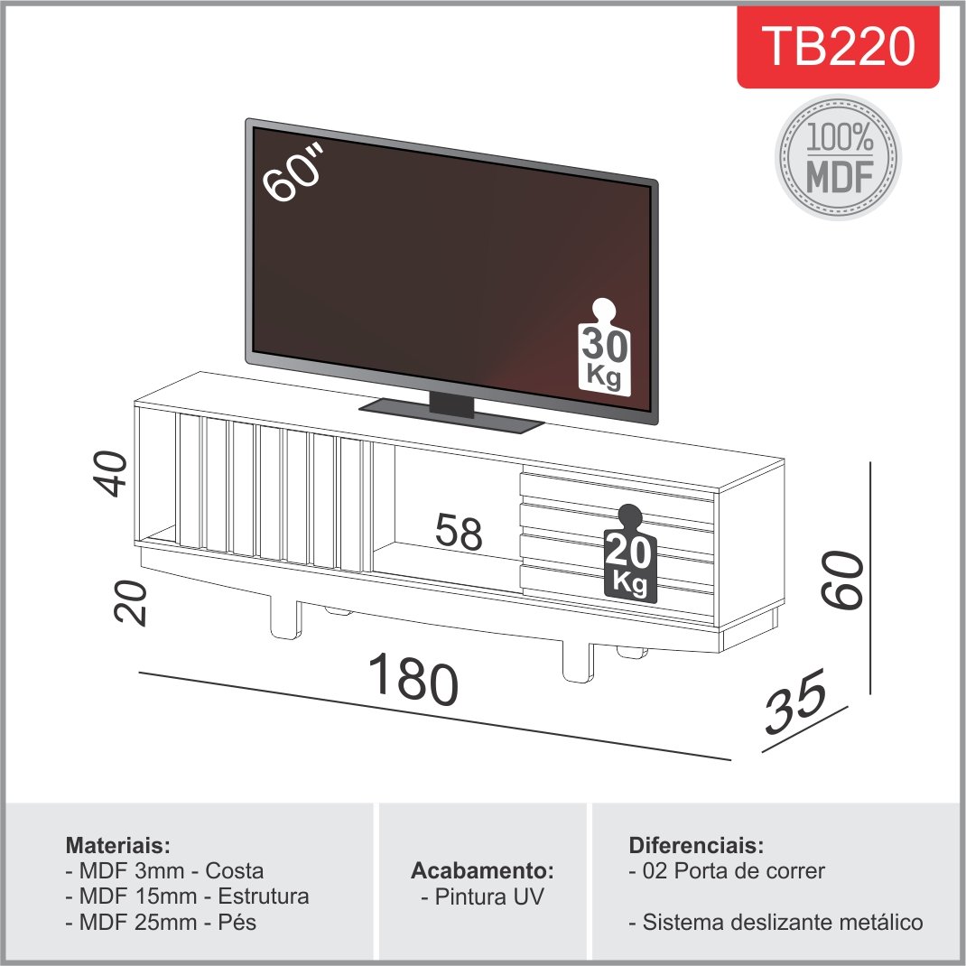 Rack até 60" Vintage TB220 Off White/Freijó - DALLA COSTA - Imagem 4