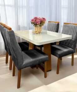 Mesa Sintonia (Tampo Maxi) 120 Amêndoa Clean/Off White com 4 Cadeiras Gênova Veludo Grafite – LOPAS + ART ASSENTOS