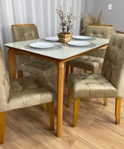Mesa de Jantar Veneza 1.20x0.80 c/4 Cadeiras Londres - Cinamomo/Off White/Avelã Veludo